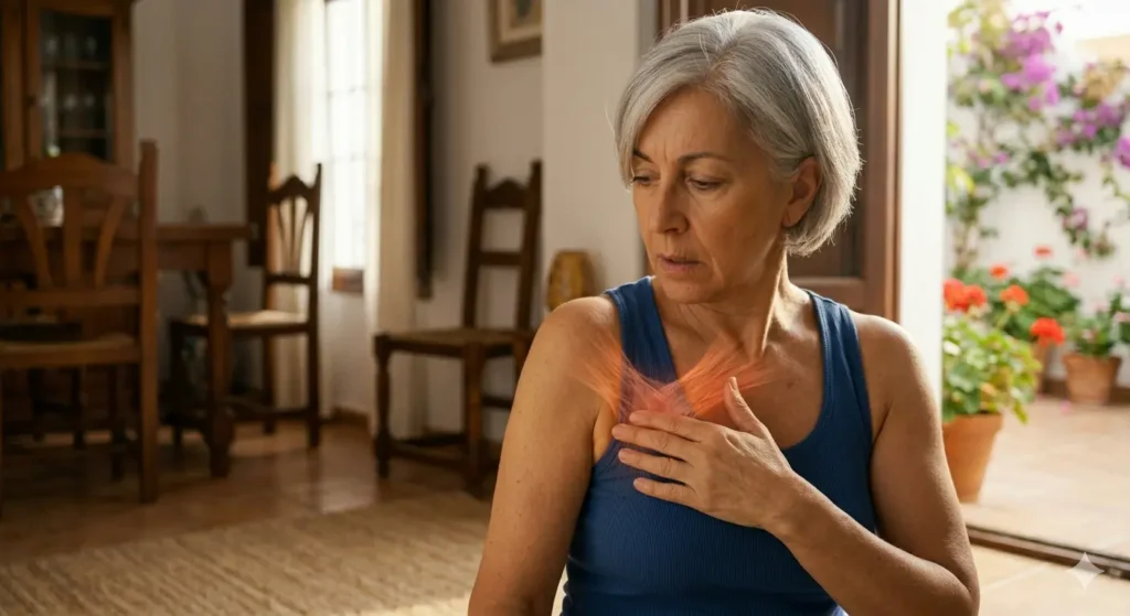 Mujer española elegante de 60 años con pelo corto plateado tocándose la cicatriz pectoral izquierda tras una mastectomía, con visualización gráfica de tirantez naranja-rojiza.