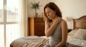 Mujer española con dolor cervical masajeándose el cuello, mostrando las consecuencias de la postura de protección tras la cirugía.