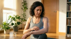 Mujer española morena observando su brazo con extrañeza por sensación de hormigueo tras cirugía de mama.