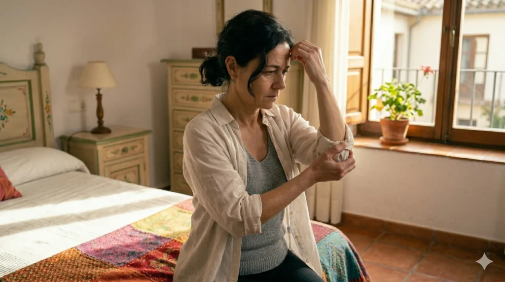 Mujer española morena sentada en su cama, con el brazo derecho flexionado y elevado hacia la cabeza con tensión, representando la kinesiofobia tras cirugía de mama en un dormitorio tradicional.