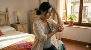 Mujer española morena sentada en su cama, con el brazo derecho flexionado y elevado hacia la cabeza con tensión, representando la kinesiofobia tras cirugía de mama en un dormitorio tradicional.