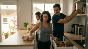 Mujer española morena de rodillas en una colchoneta de yoga en casa, realizando un ejercicio controlado de hombros con el apoyo de su pareja masculina, quien le ayuda con un objeto ligero.