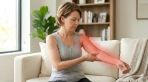 Mujer sentada tocándose el brazo con gesto de pesadez tras una cirugía de mama.