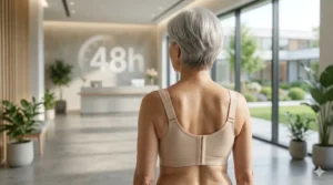 Mujer con sujertador posquirugico operada de cancer de mama afrontando las primeras 48h