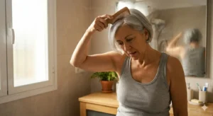 Mujer española elegante de 60 años con pelo corto plateado natural intentando peinarse en el baño con dificultad, mostrando limitación de rotación externa del hombro tras la cirugía de mama.