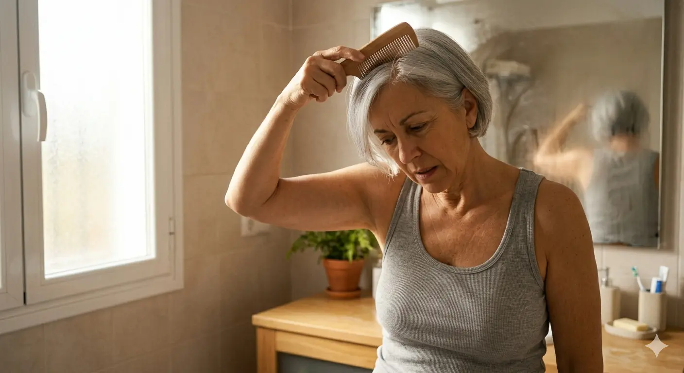 Mujer española elegante de 60 años con pelo corto plateado natural intentando peinarse en el baño con dificultad, mostrando limitación de rotación externa del hombro tras la cirugía de mama.